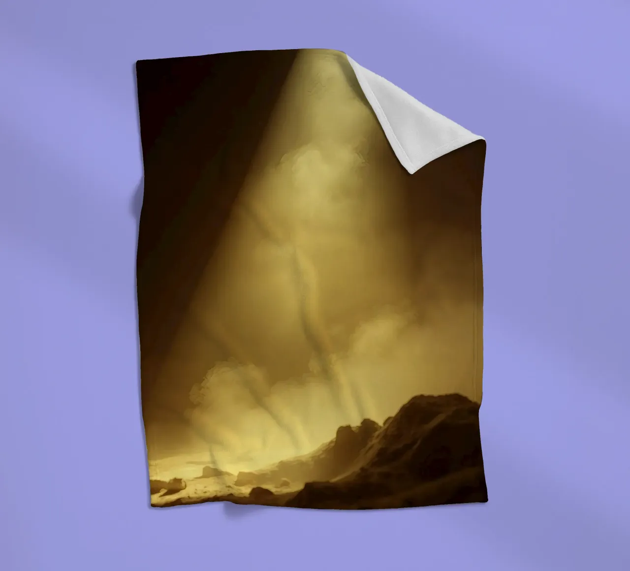 Golden light illuminates a rocky landscape filled with mist fleece blanket by DesignDoodle