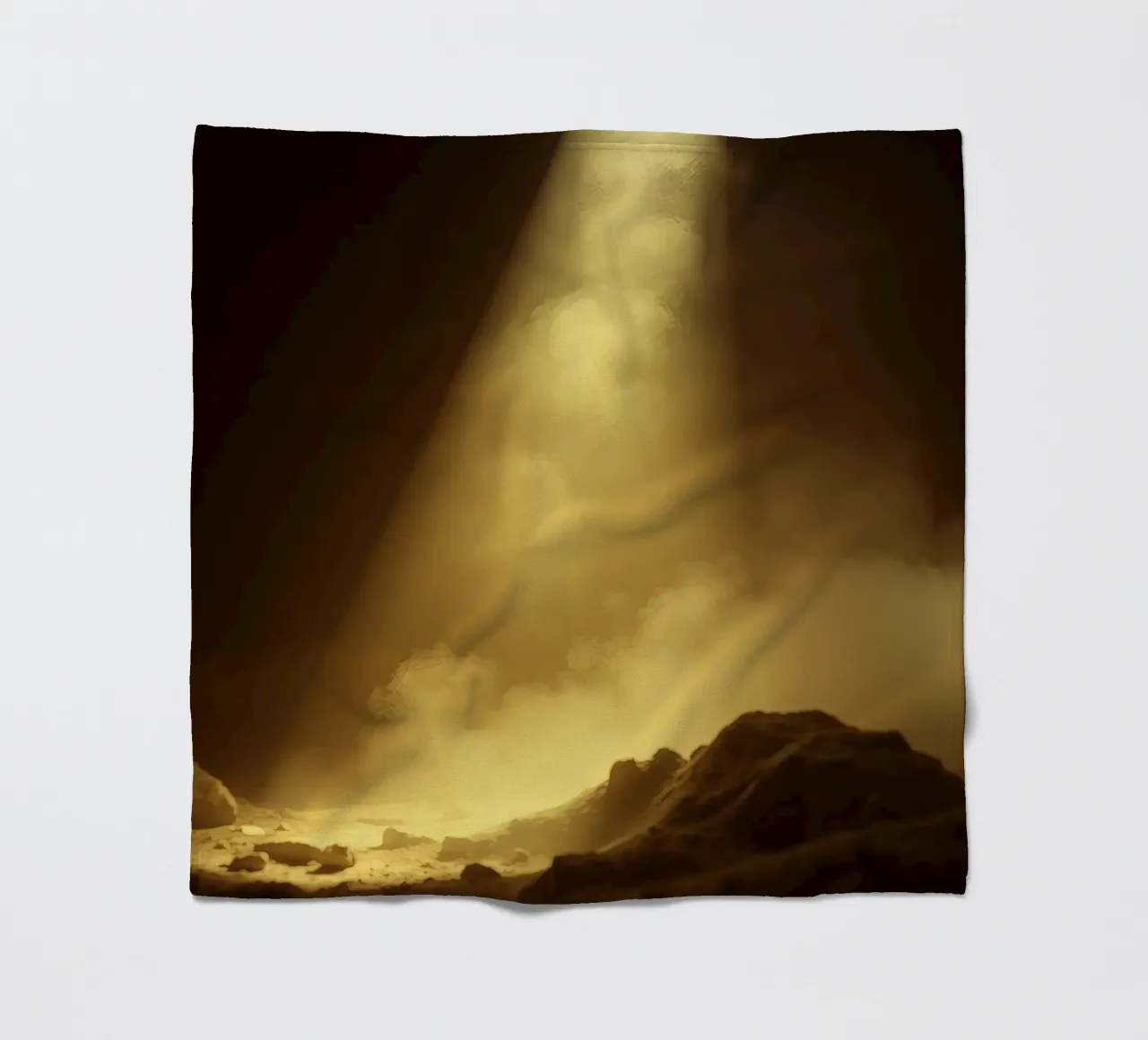 Golden light illuminates a rocky landscape filled with mist fleece blanket by DesignDoodle