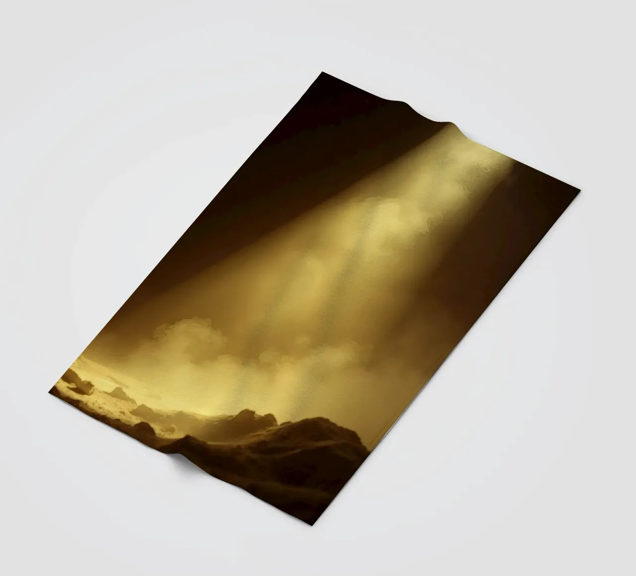 Golden light illuminates a rocky landscape filled with mist fleece blanket by DesignDoodle
