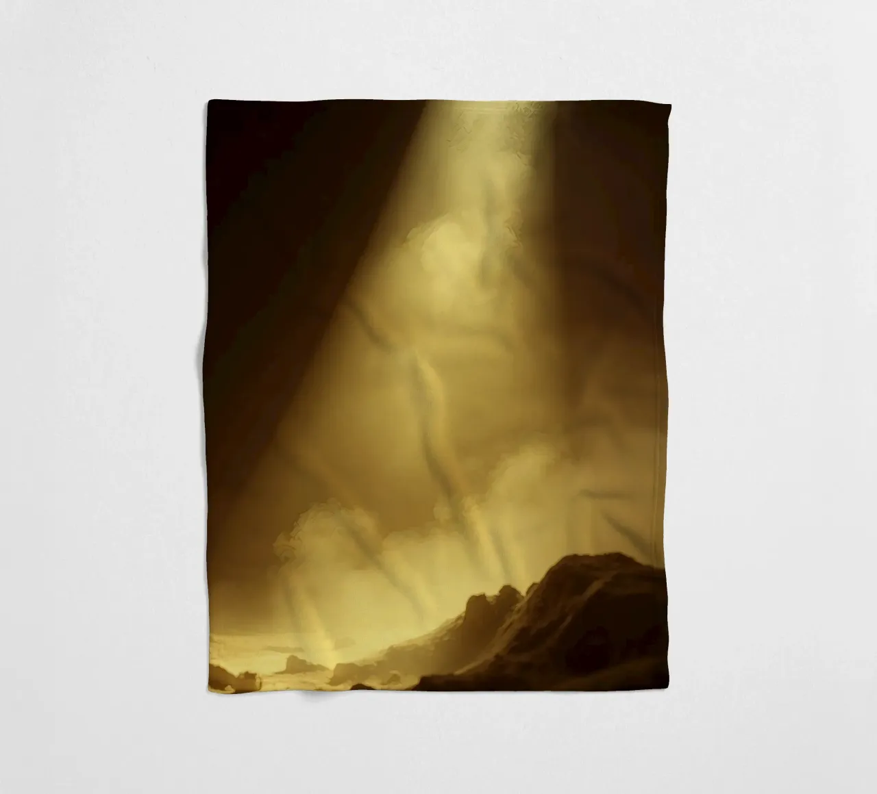 Golden light illuminates a rocky landscape filled with mist fleece blanket by DesignDoodle