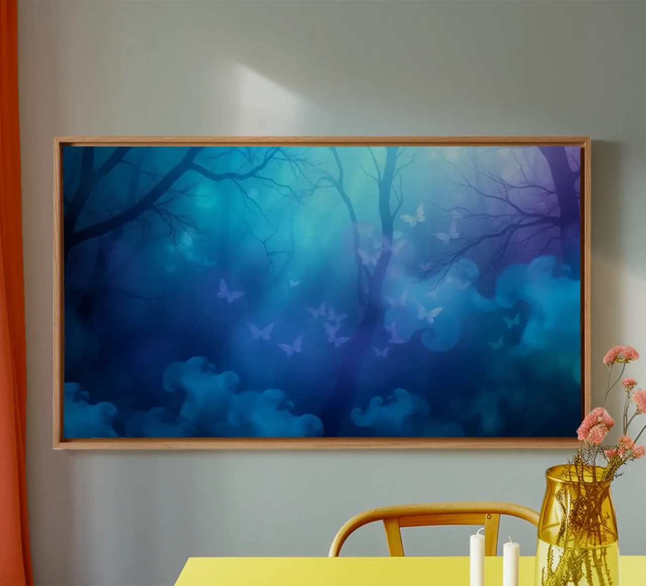 forest scene with butterflies in shades of blue and purple canvas with Floater frame by DesignDoodle