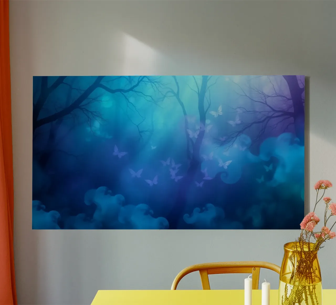 forest scene with butterflies in shades of blue and purple canvas with Floater frame by DesignDoodle