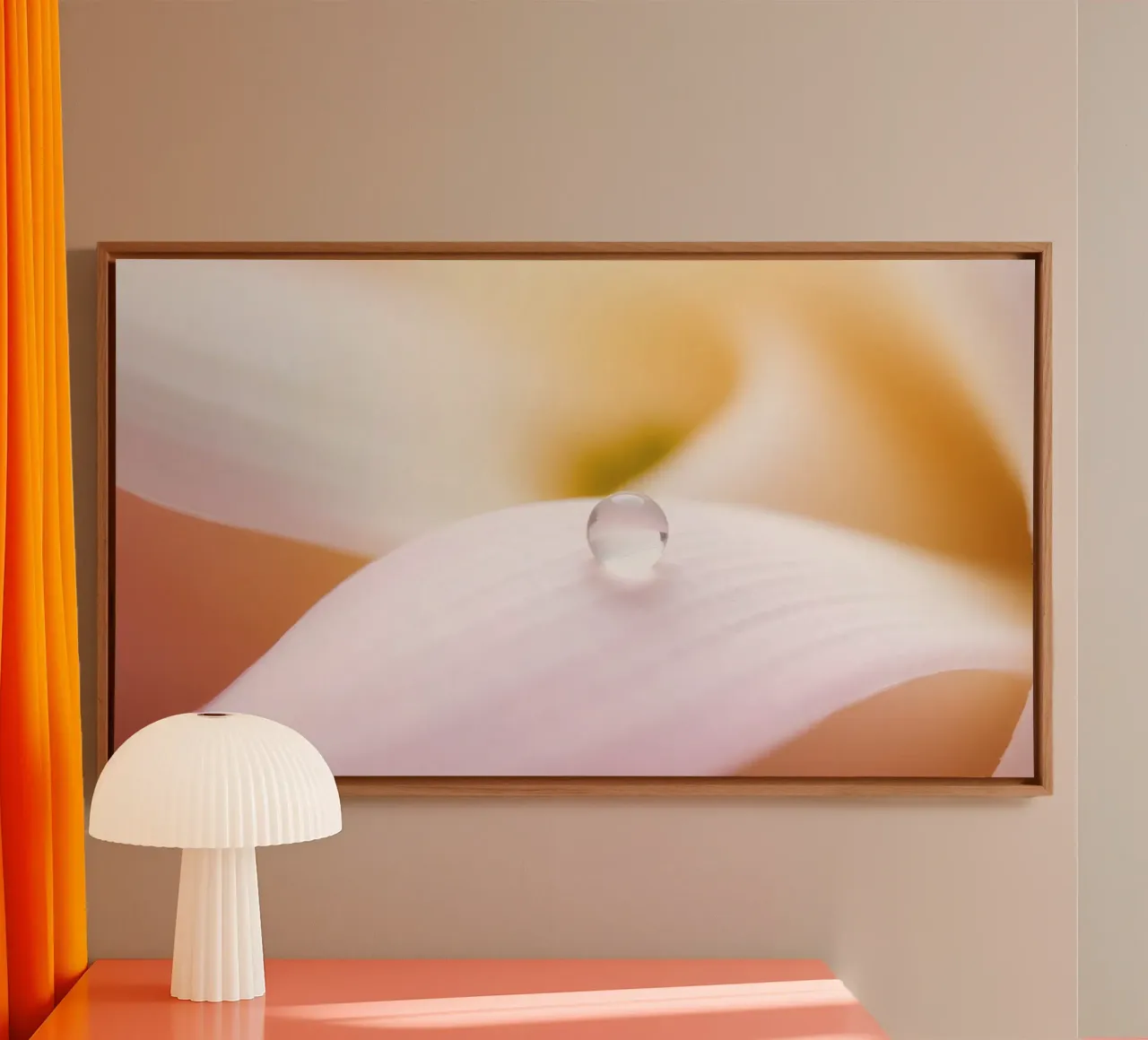 Morning dew rests on a delicate petal of a flower in soft canvas with Floater frame by DesignDoodle