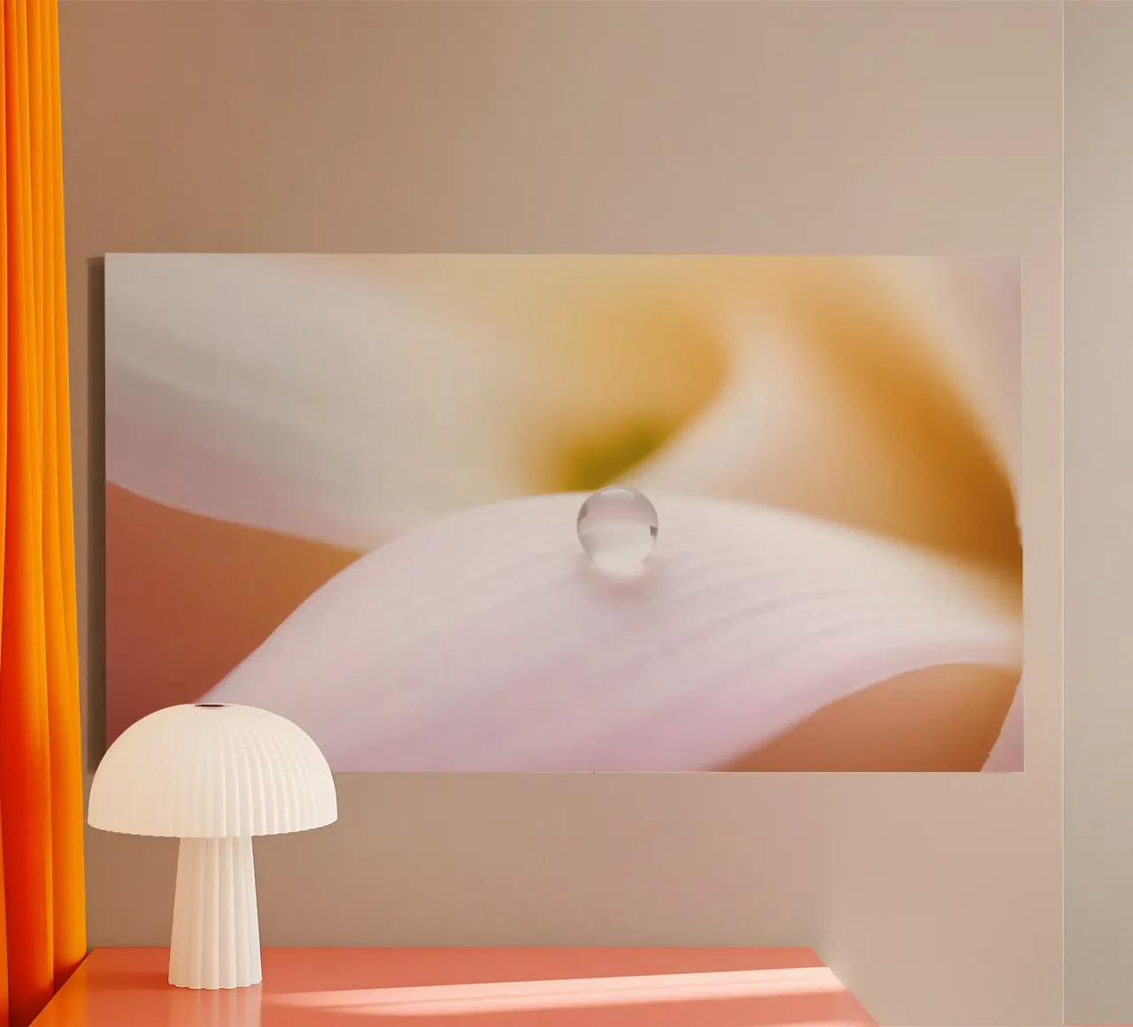 Morning dew rests on a delicate petal of a flower in soft canvas with Floater frame by DesignDoodle