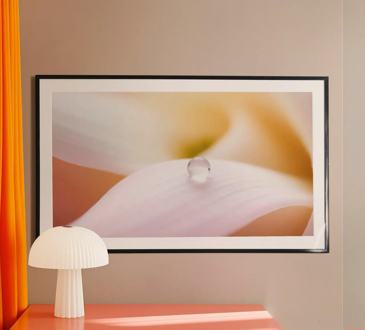 La rugiada del mattino si posa su un delicato petalo di un fiore in un morbido poster da DesignDoodle