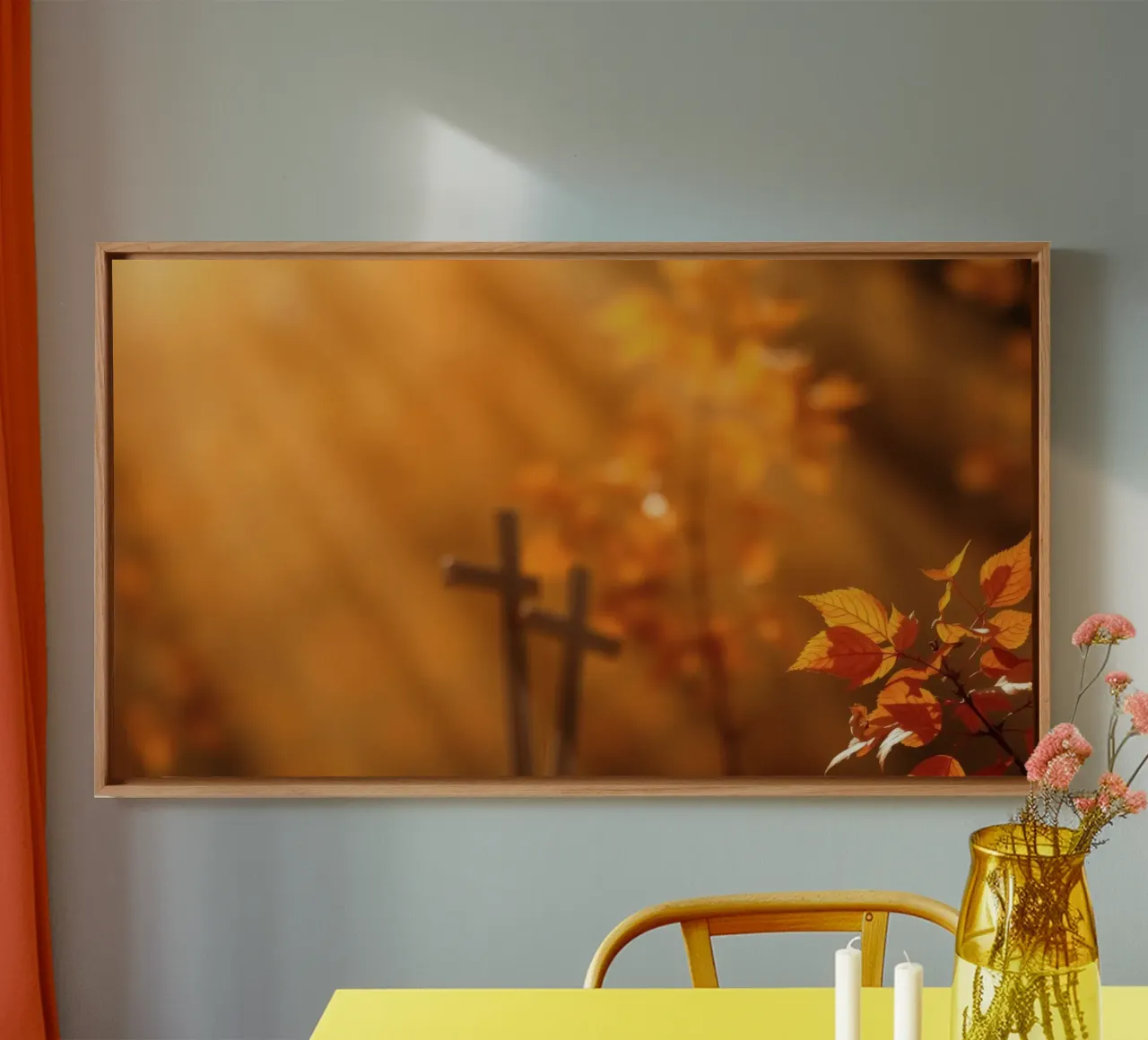 Herbstsonne scheint auf zwei Kreuze mit bunten Blättern Leinwand mit Schattenfugenrahmen von DesignDoodle