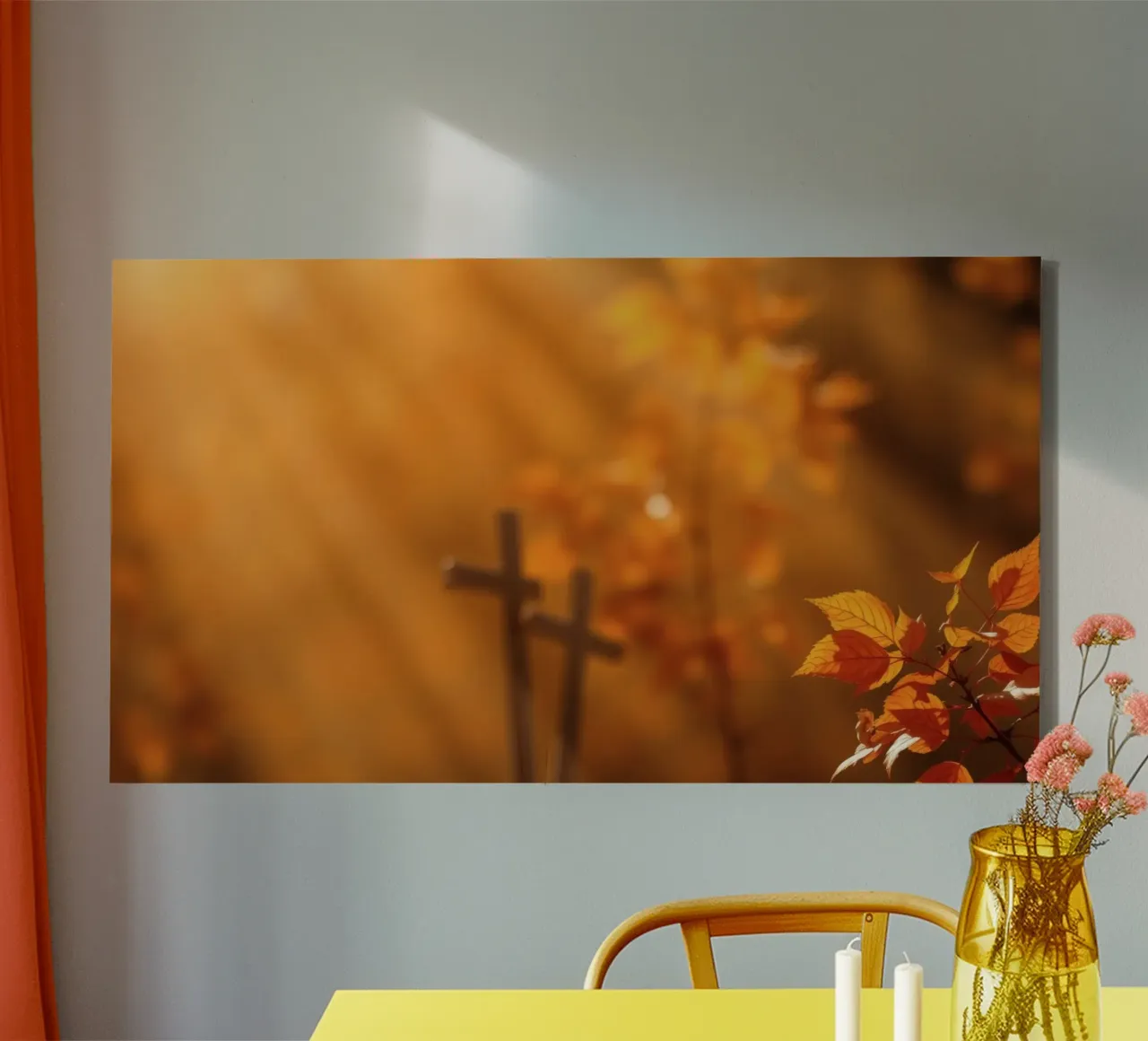 Herbstsonne scheint auf zwei Kreuze mit bunten Blättern Leinwand mit Schattenfugenrahmen von DesignDoodle