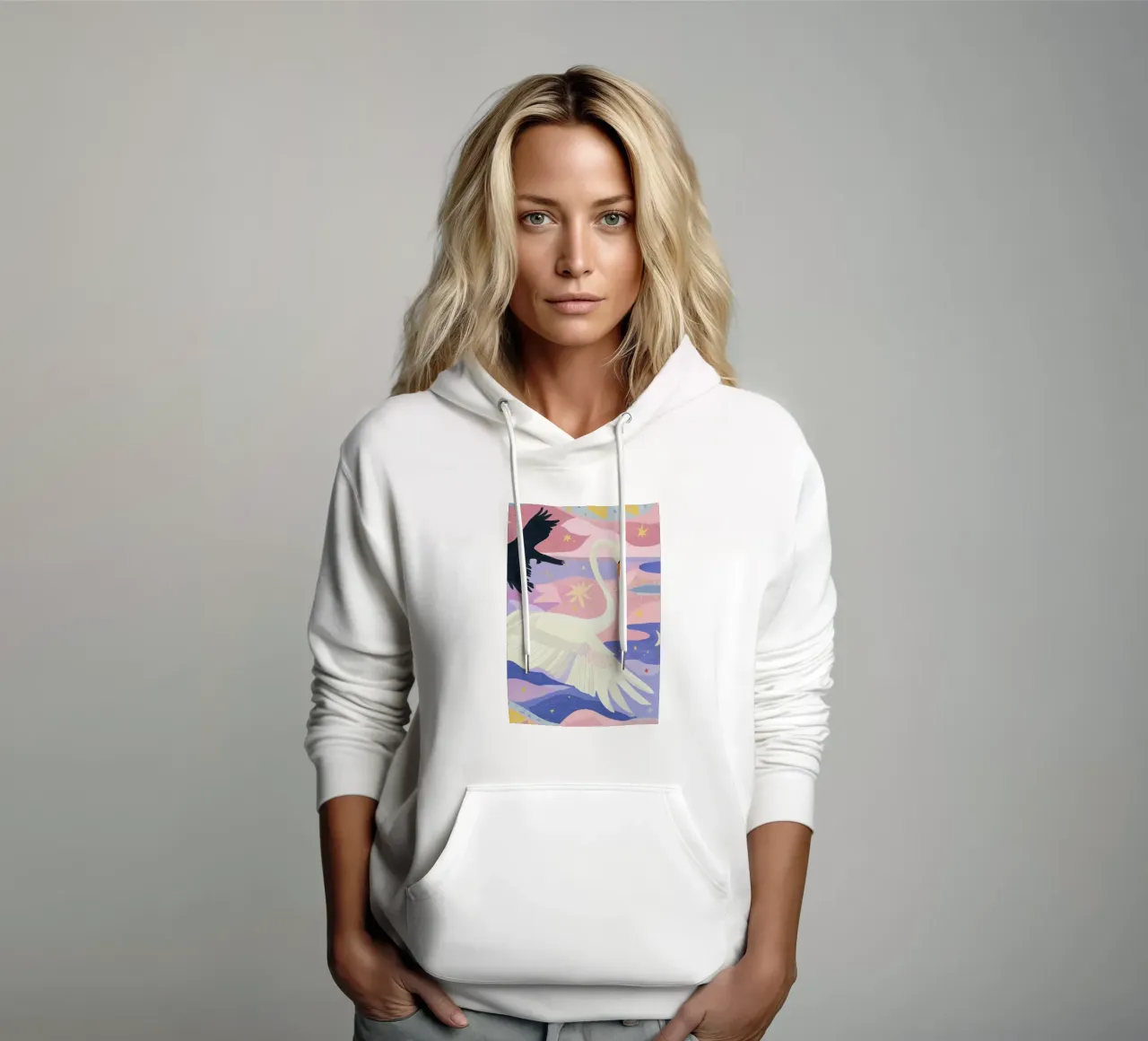 Impresión de cisnes de colores, póster boho de cisnes sudadera con capucha de Boheme