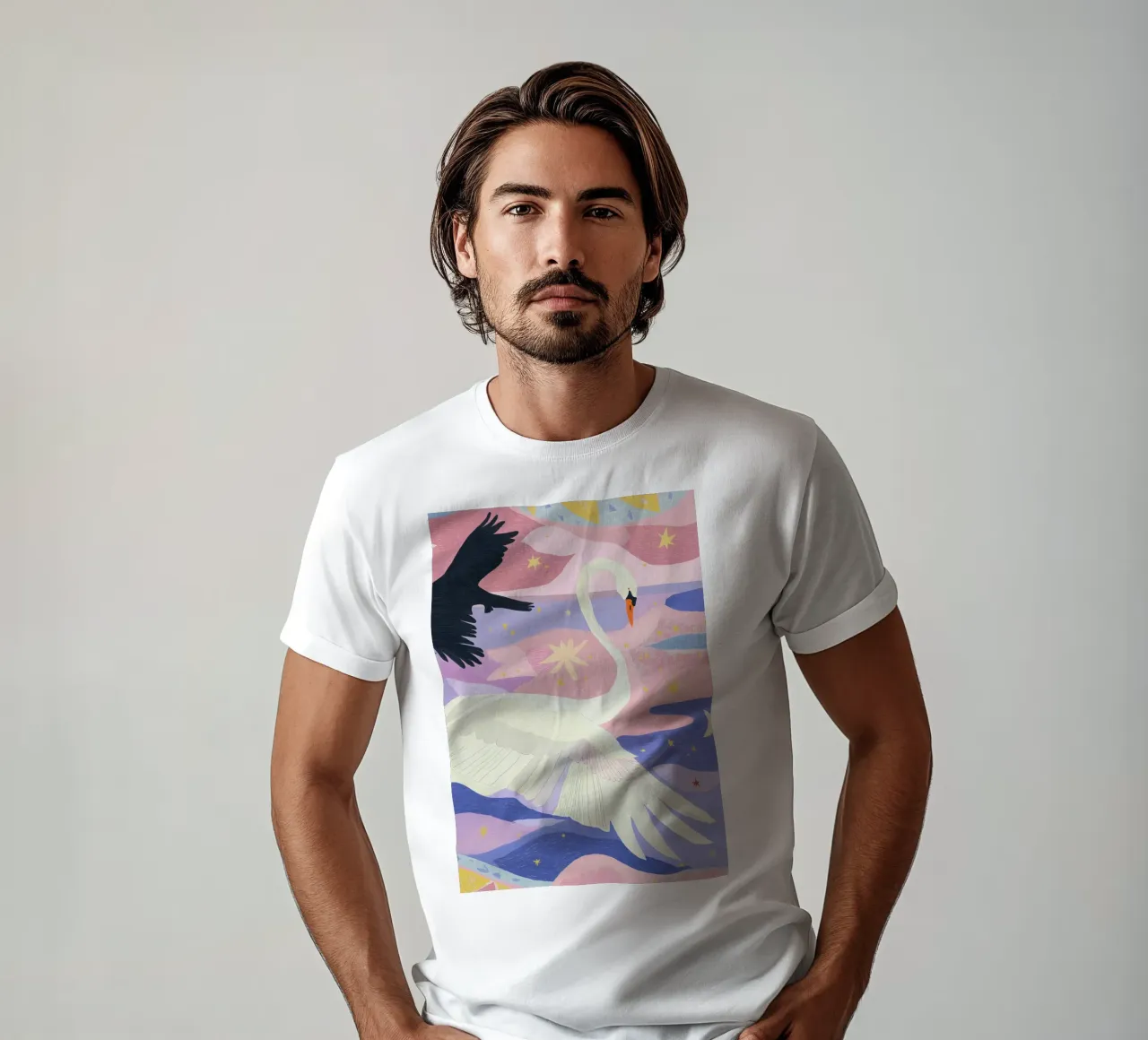 Impresión de cisnes de colores, póster boho de cisnes camiseta de Boheme