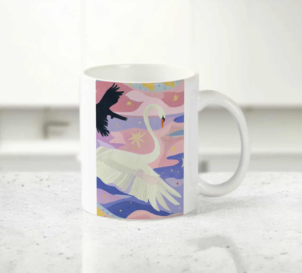 Stampa cigno colorato, poster cigno Boho tazza in ceramica da Boheme