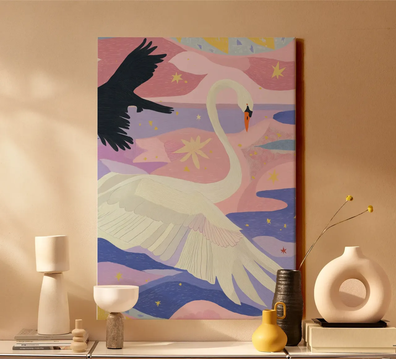 Colourful Swan Print, Boho Swan Poster canvas by Boheme