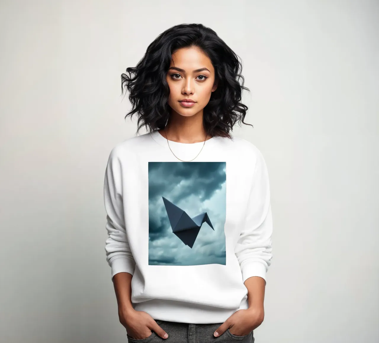 Floating origami crane against a dramatic cloudy sky sweatshirt by DesignDoodle
