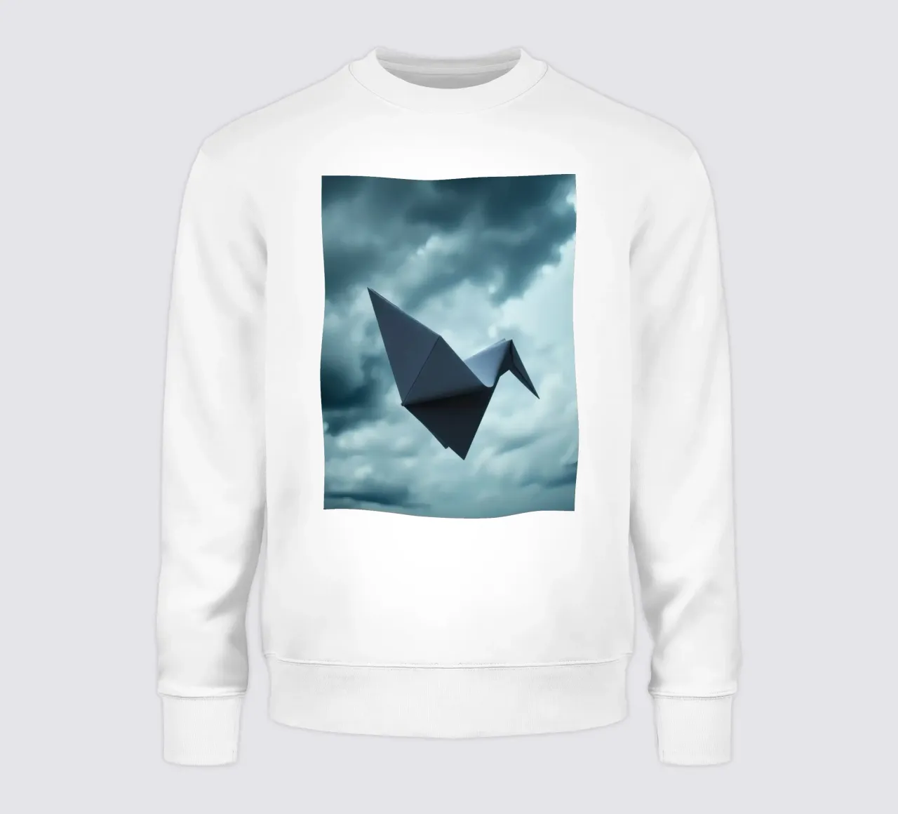 Floating origami crane against a dramatic cloudy sky sweatshirt by DesignDoodle