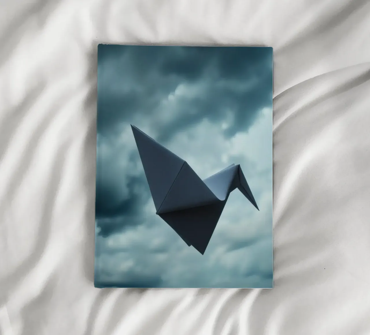 Floating origami crane against a dramatic cloudy sky notebook by DesignDoodle