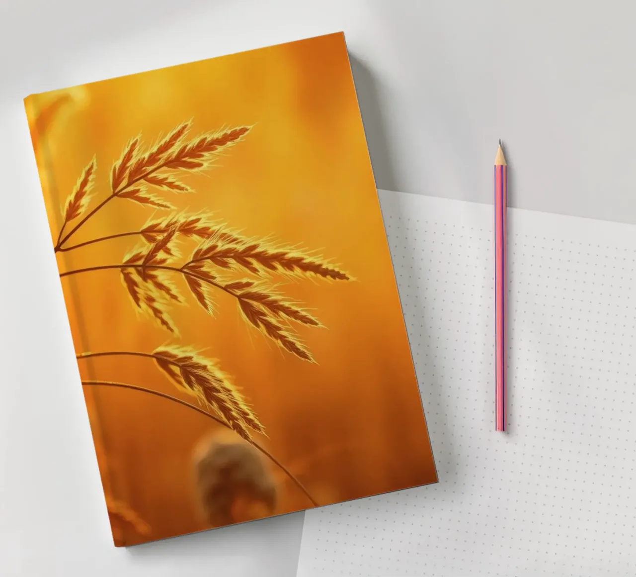 Warm golden light illuminates tall grass swaying gently notebook by DesignDoodle