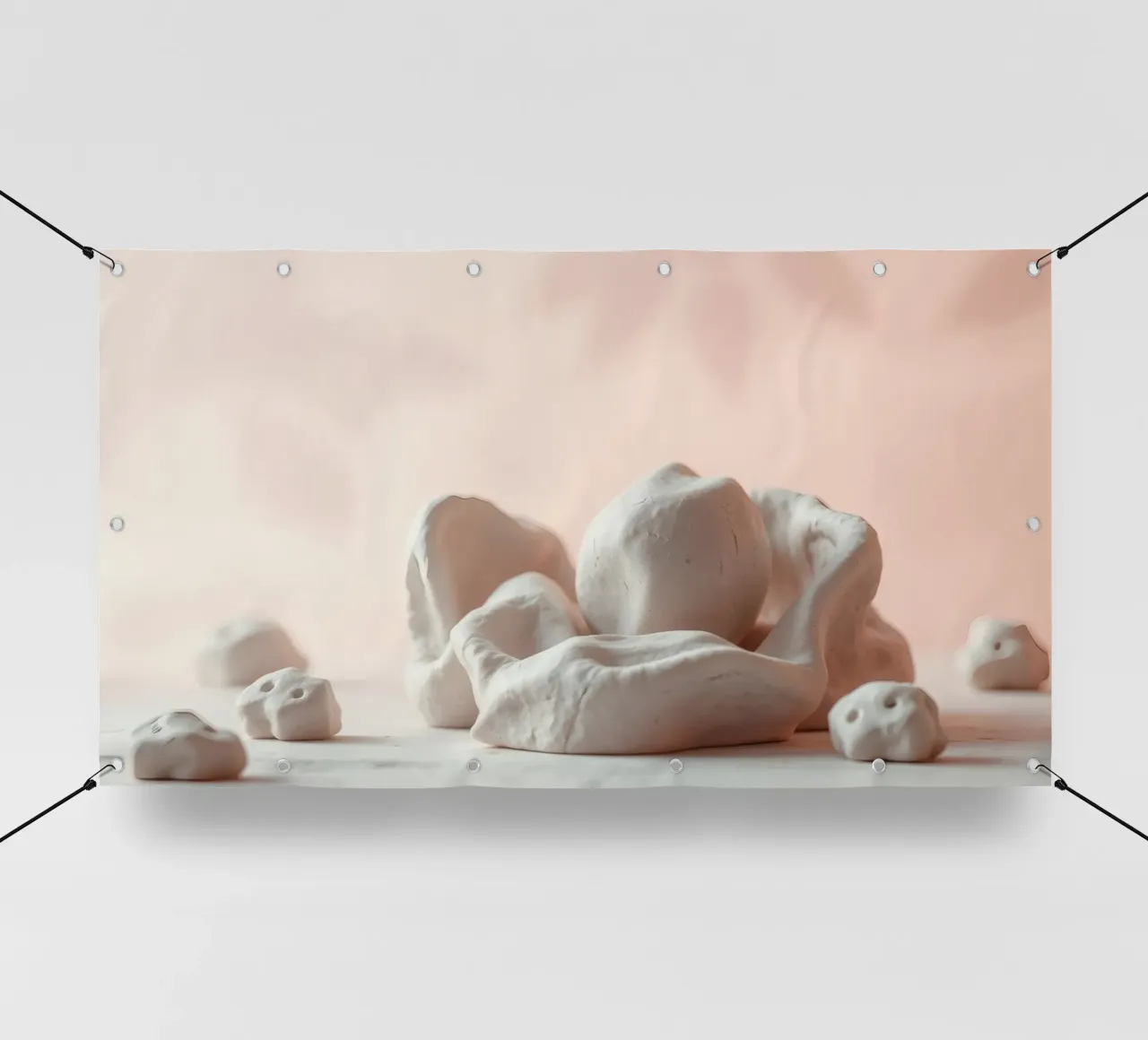 Sculture in argilla disposte su una superficie bianca con un rosa tenue telo in pvc da DesignDoodle