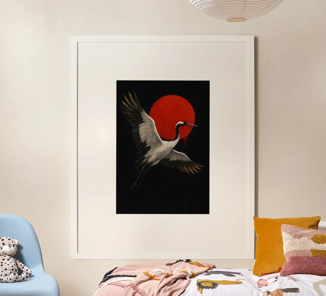Crimson Sun Crane poster con telaio in plastica da Mosaic Dialogue