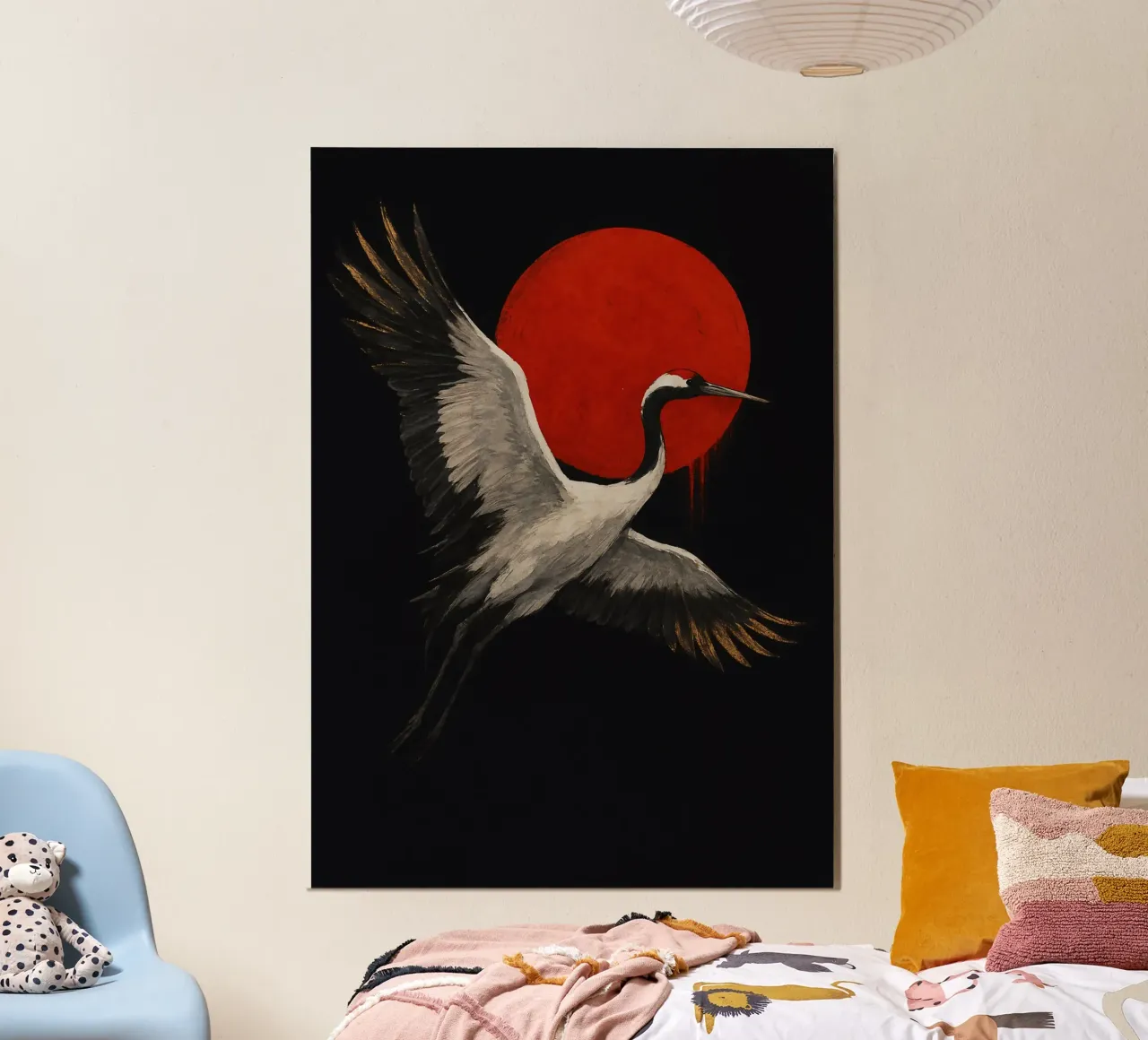 Crimson Sun Crane poster con telaio in plastica da Mosaic Dialogue