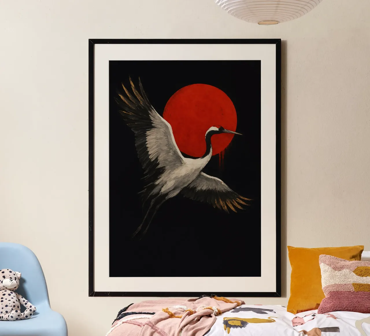Crimson Sun Crane poster con telaio in plastica da Mosaic Dialogue