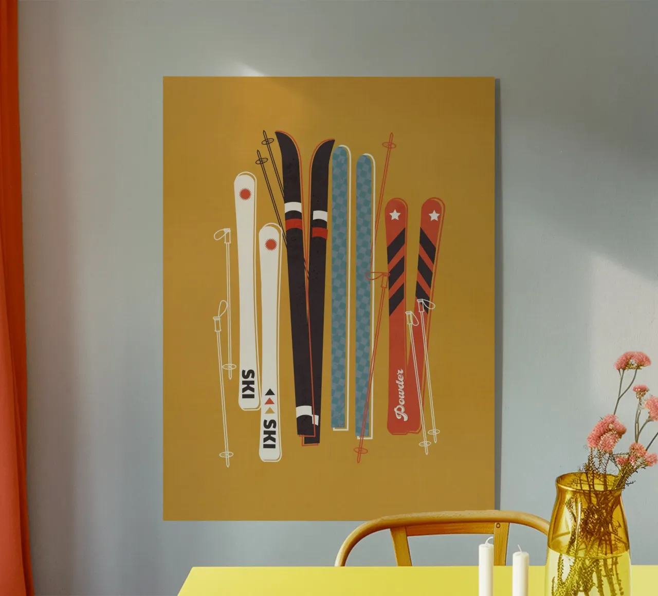 Poster sciistico d'epoca - Illustrazione di bastoncini e sci retrò plexiglass da showmemars