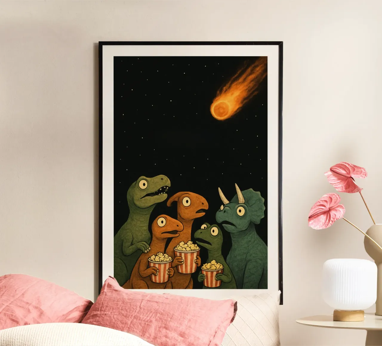Divertente gruppo di dinosauri poster con telaio in plastica da Funny Humor Art
