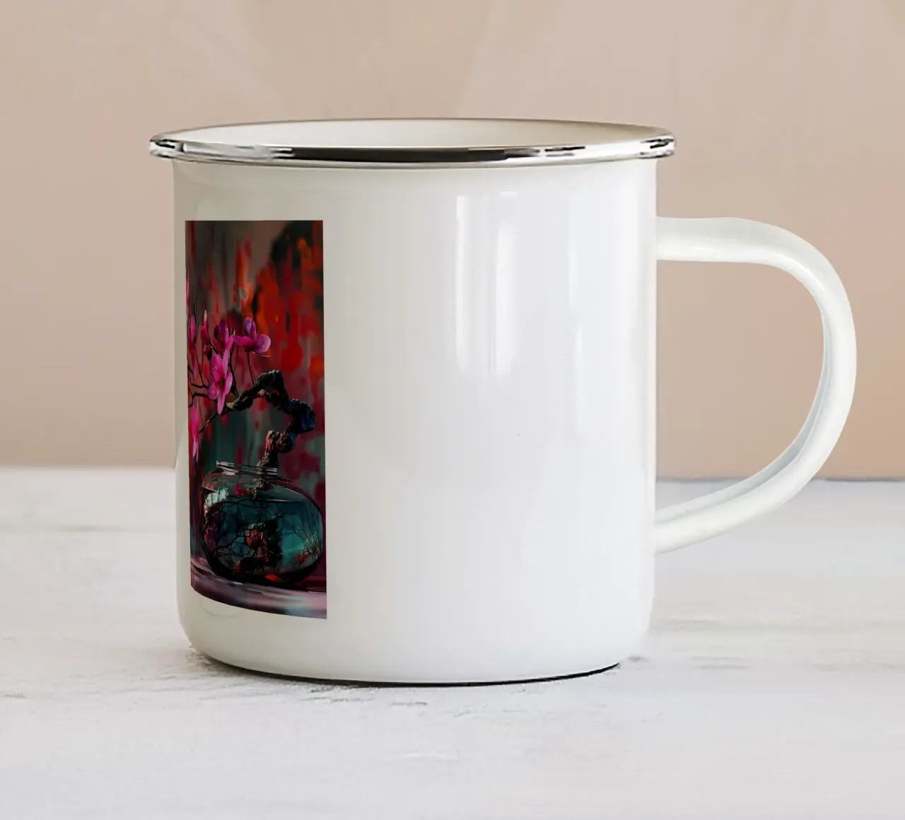 fiori vaso bonsai riflessione rami foglie tazza in smalto da Janine P McGuire
