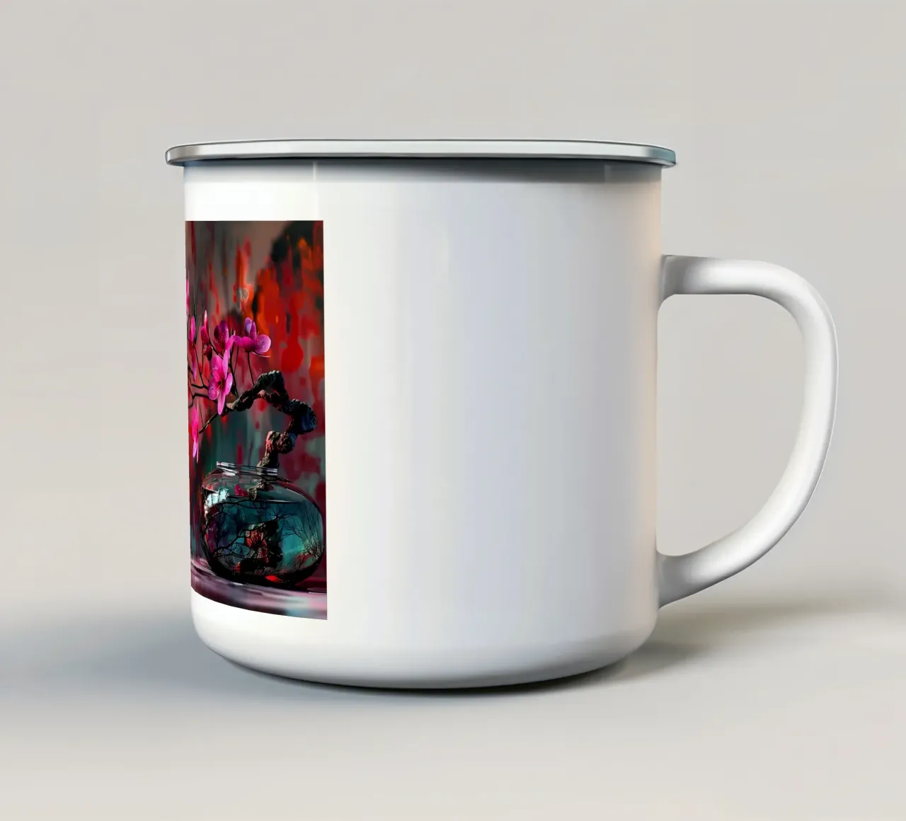 fiori vaso bonsai riflessione rami foglie tazza in smalto da Janine P McGuire