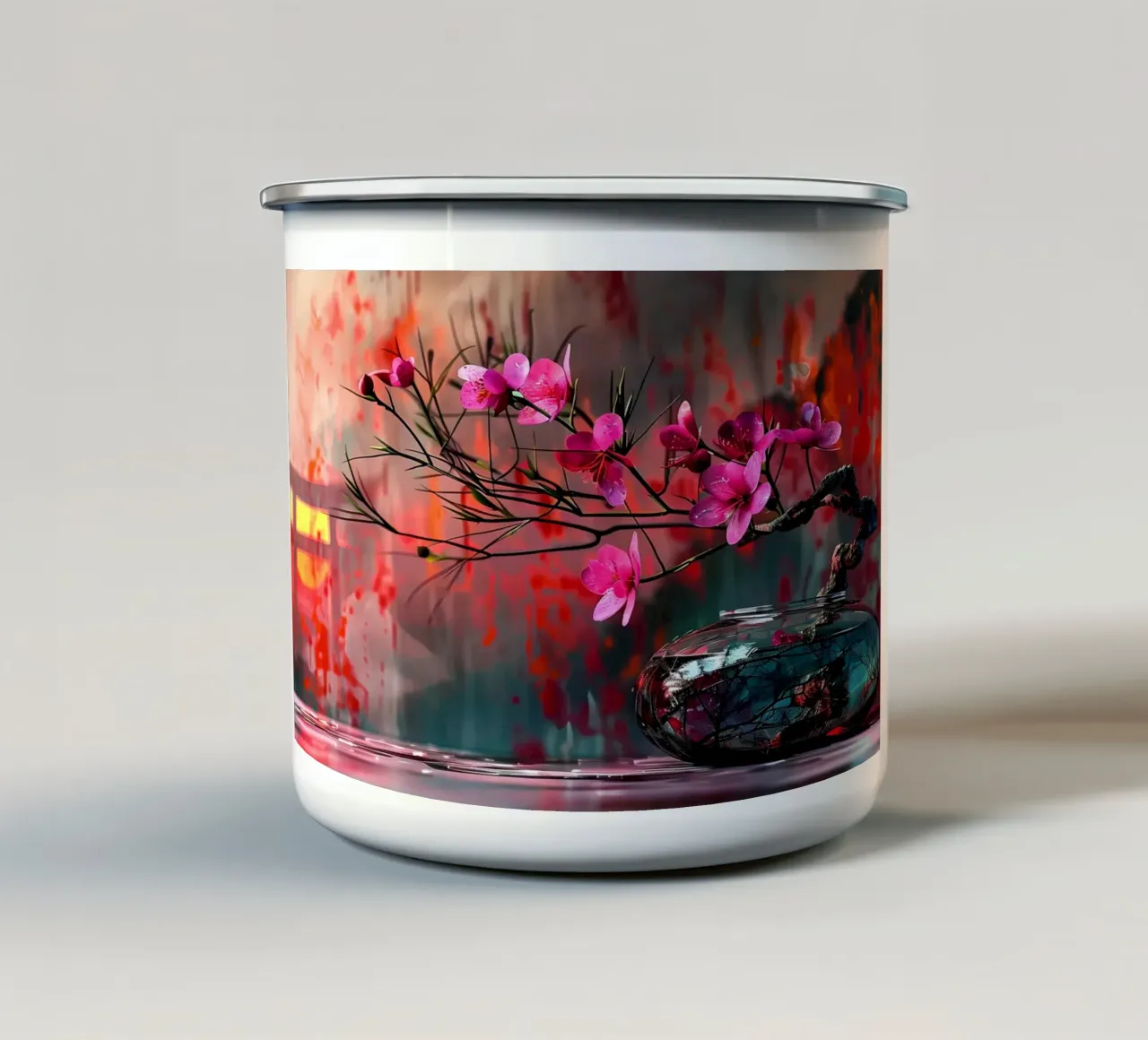 fiori vaso bonsai riflessione rami foglie tazza in smalto da Janine P McGuire