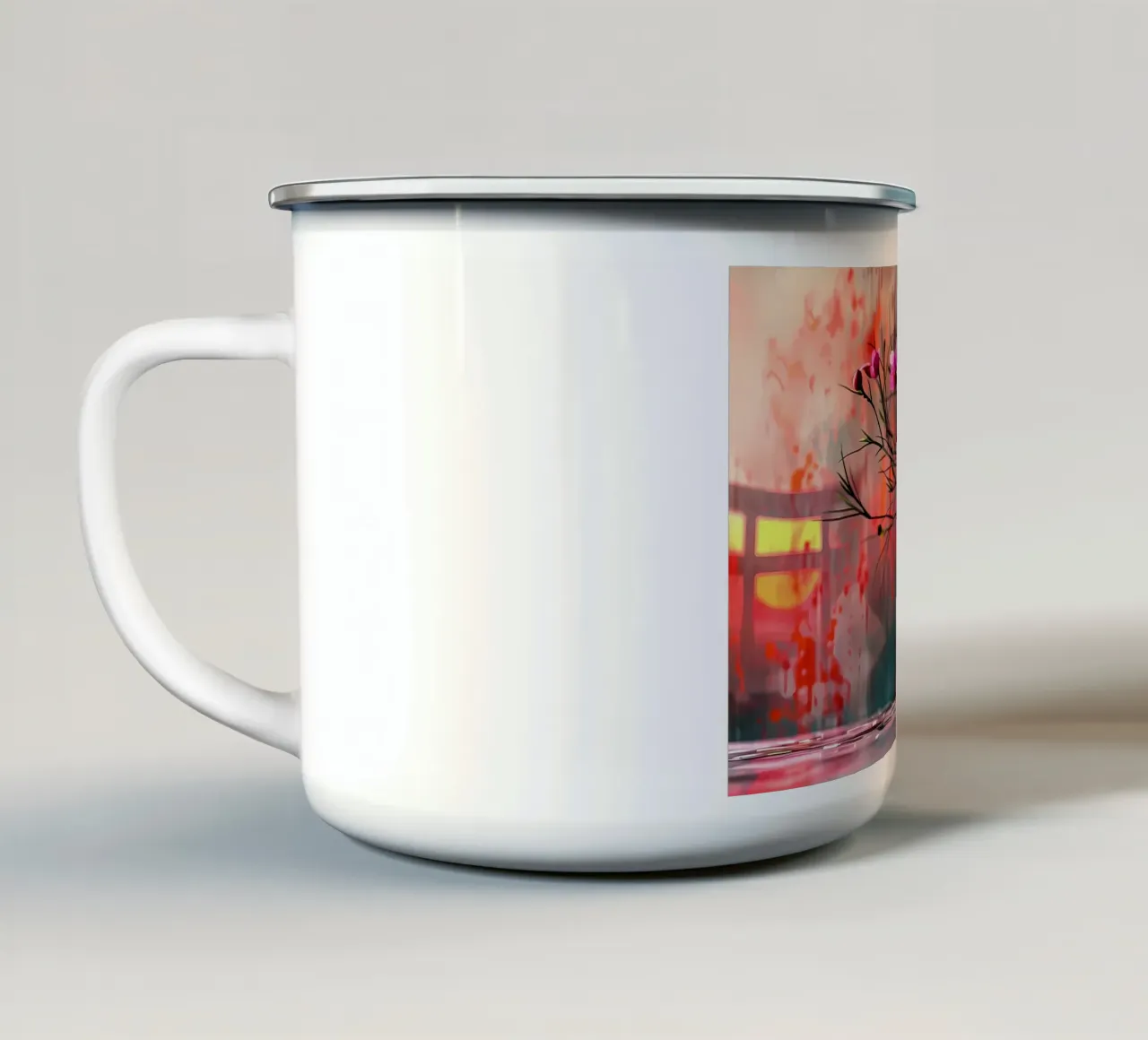 fiori vaso bonsai riflessione rami foglie tazza in smalto da Janine P McGuire