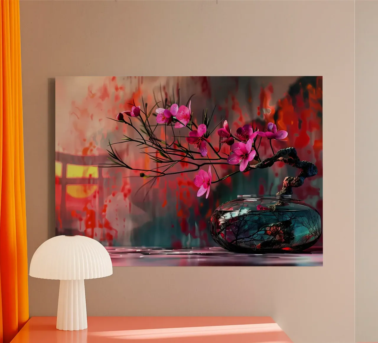fiori vaso bonsai riflessione rami foglie tela con Cornice a cassetta da Janine P McGuire