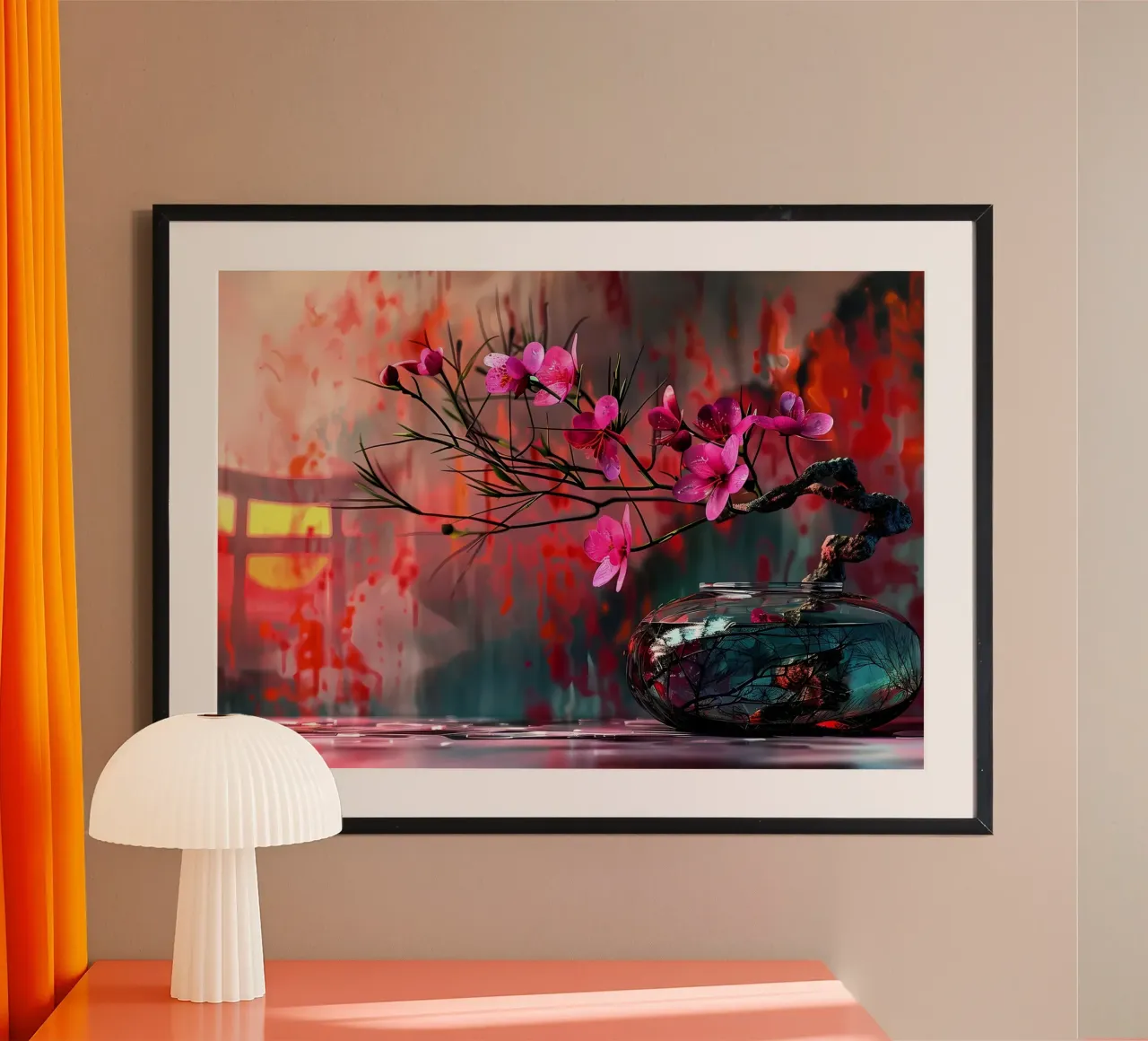 flores florero bonsai reflejo ramas hojas poster con marco de aluminio de Janine P McGuire