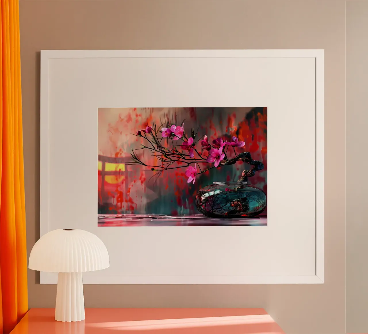 flores florero bonsai reflejo ramas hojas poster con marco de aluminio de Janine P McGuire