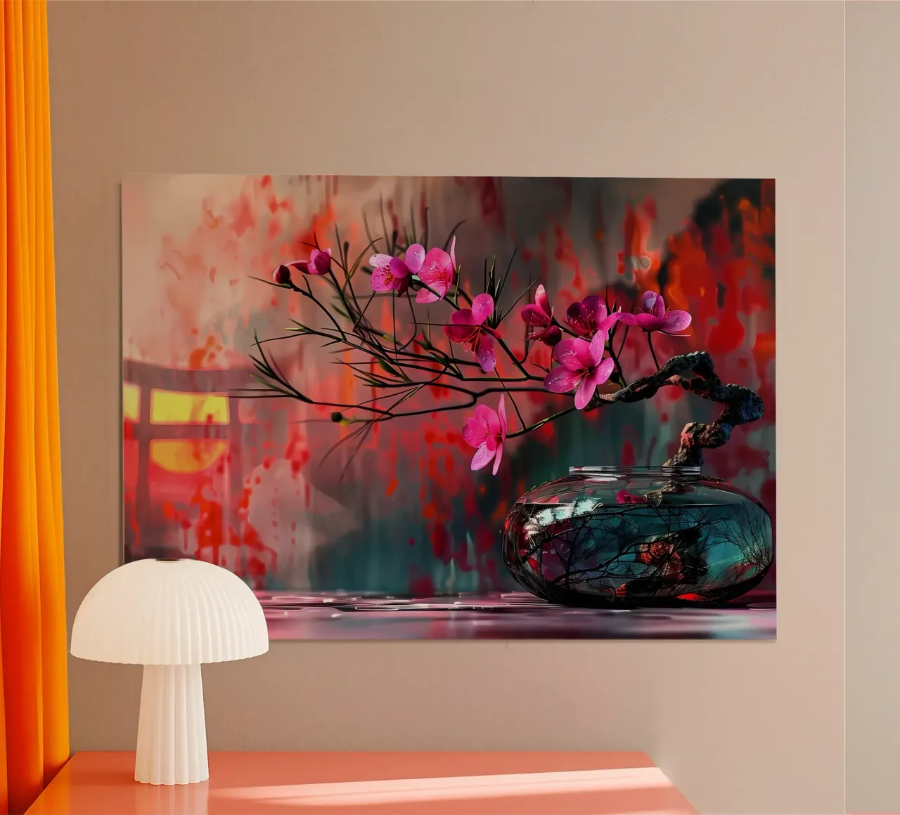 flores florero bonsai reflejo ramas hojas poster con marco de aluminio de Janine P McGuire
