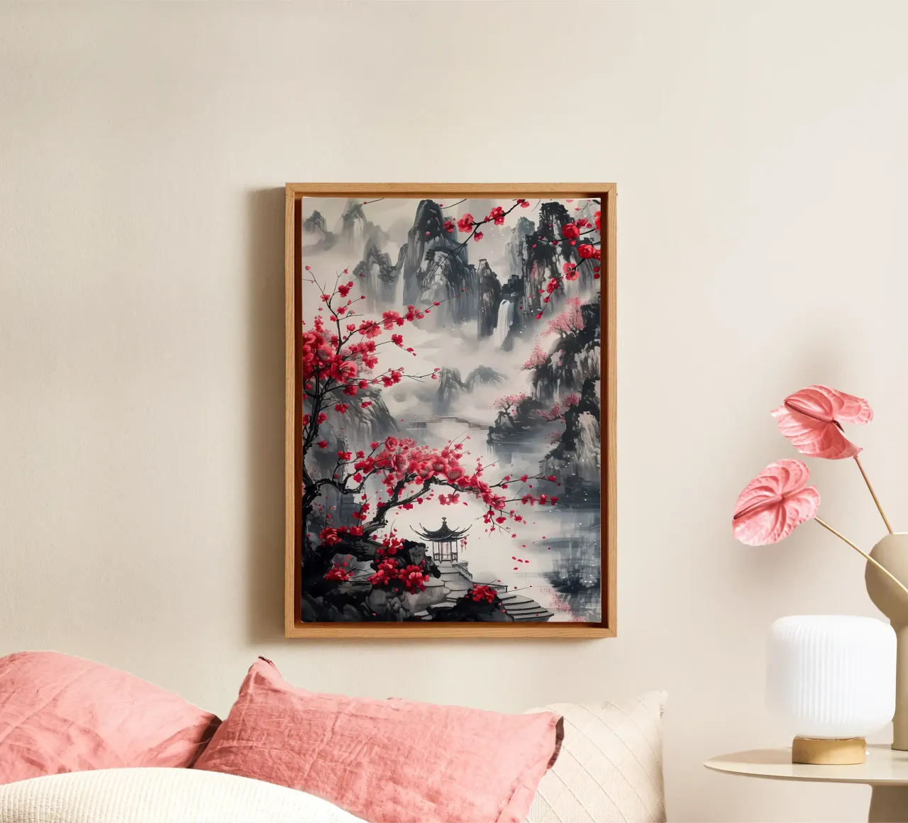 kersenbloesems bergen waterval pagode meer canvas met Baklijst van Janine P McGuire