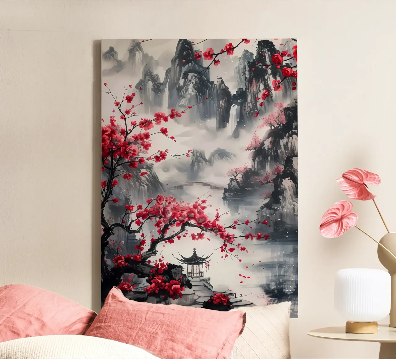 kersenbloesems bergen waterval pagode meer canvas met Baklijst van Janine P McGuire