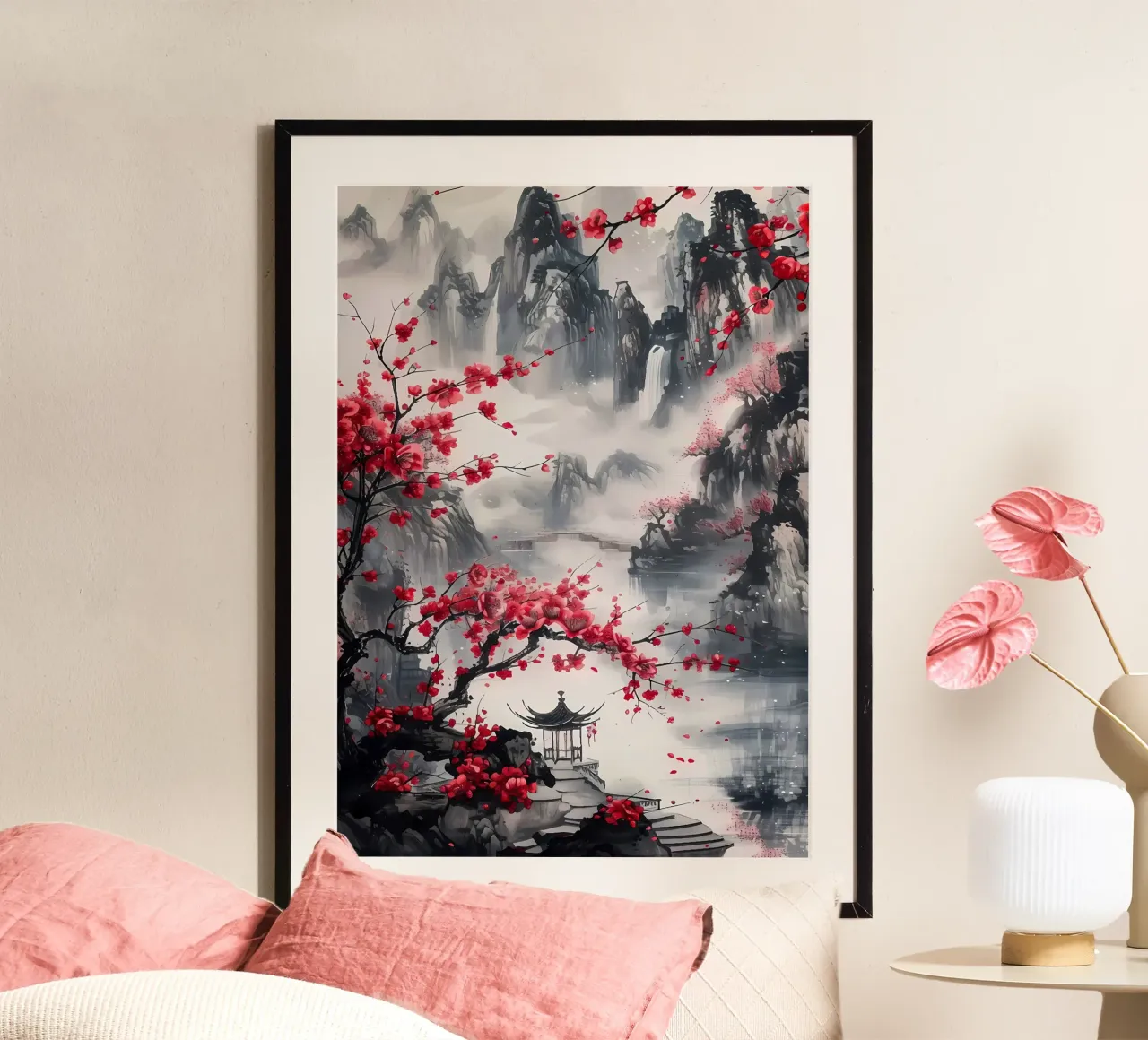 cherry blossoms mountains waterfall pagoda lake hahnemühle by Janine P McGuire