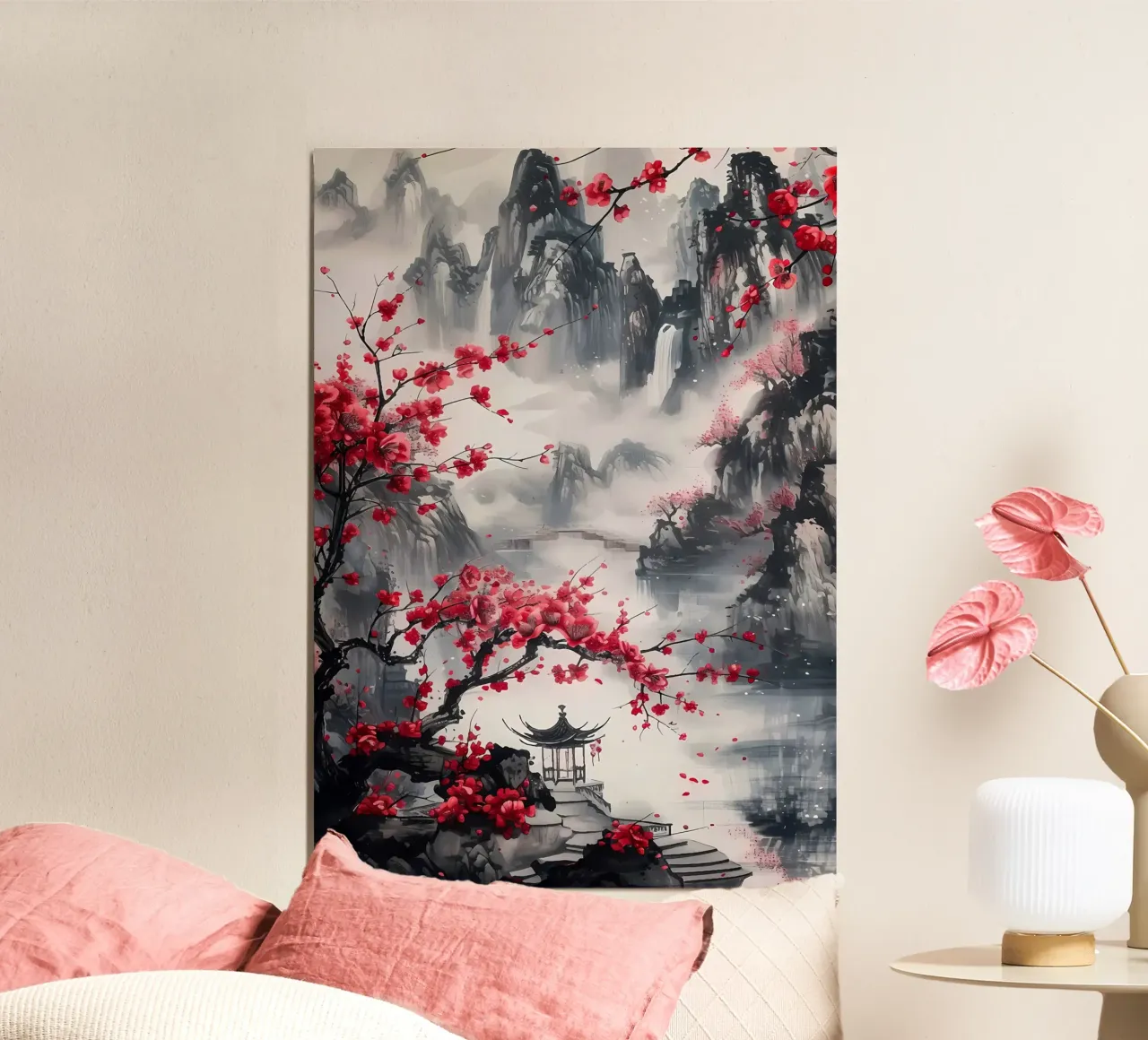 cherry blossoms mountains waterfall pagoda lake hahnemühle by Janine P McGuire