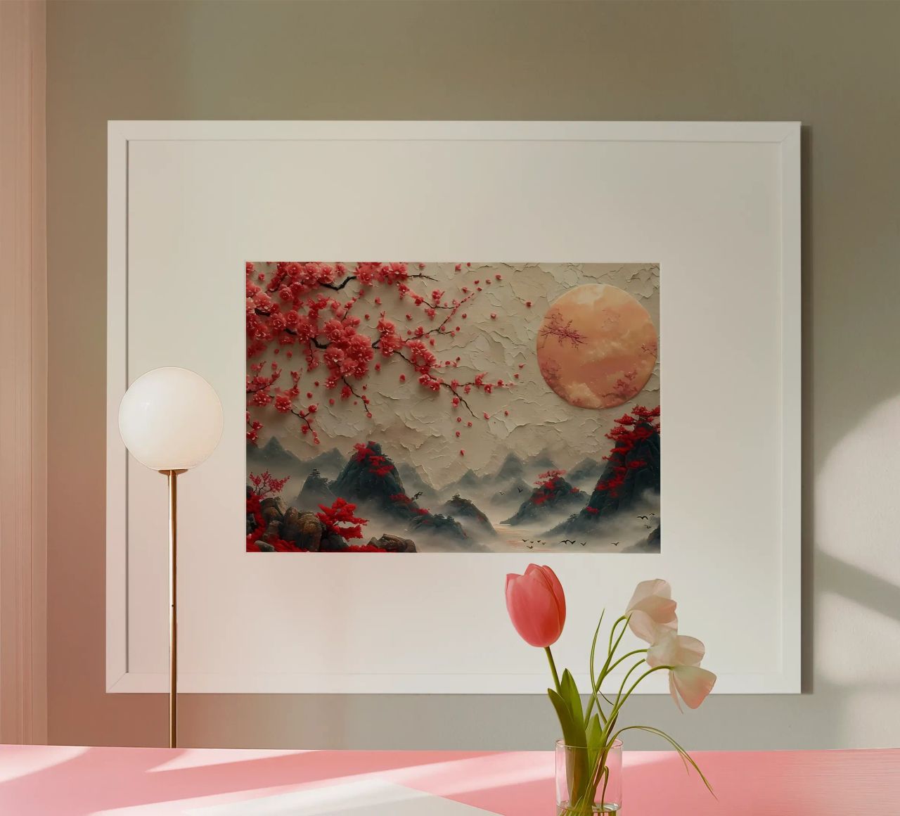 cerezos en flor montañas luna niebla nubes poster de Janine P McGuire