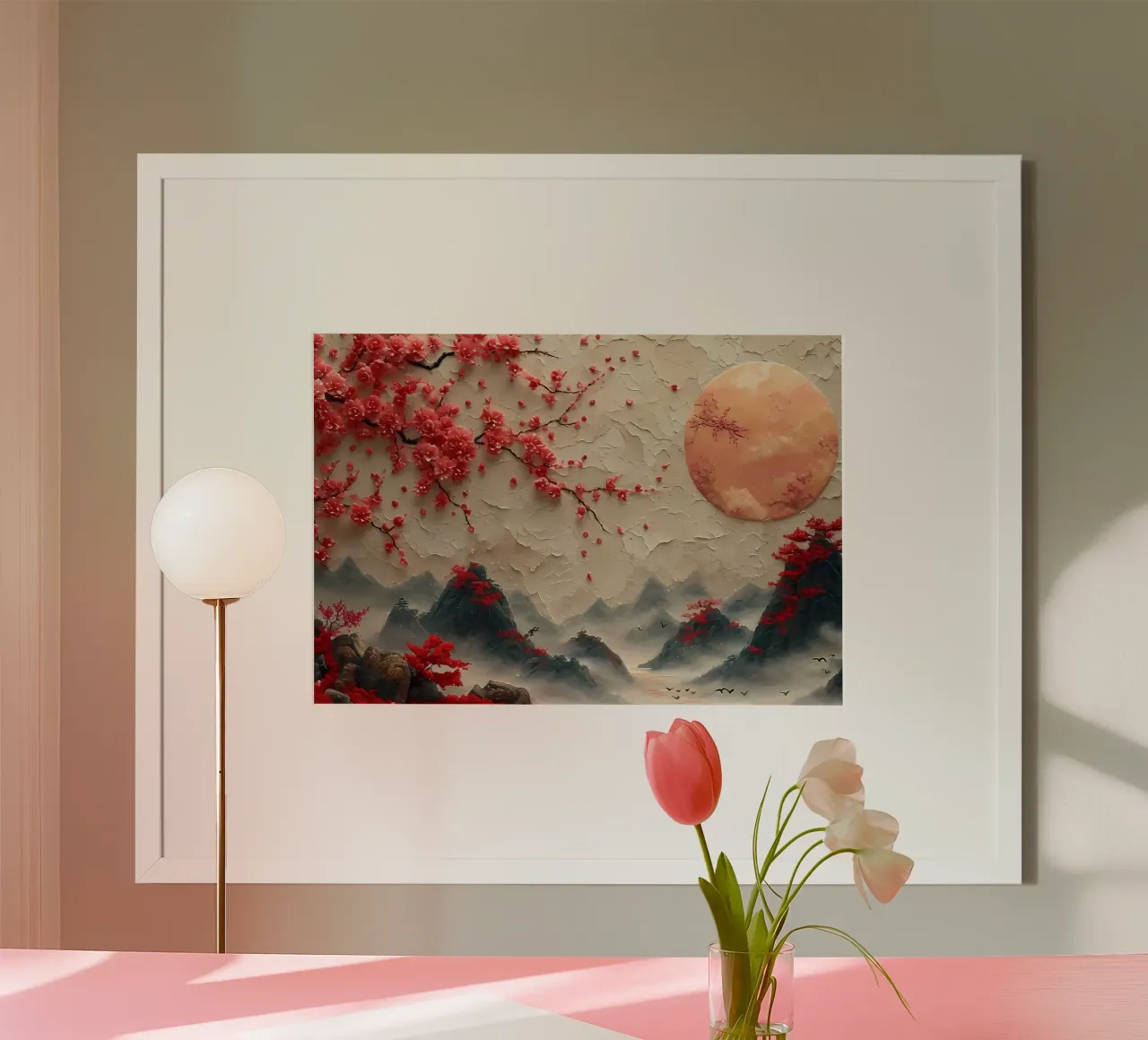 cherry blossoms mountains moon mist clouds hahnemühle by Janine P McGuire