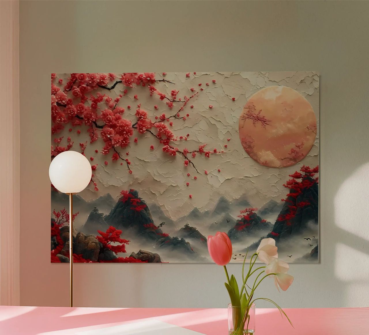 cerezos en flor montañas luna niebla nubes poster de Janine P McGuire