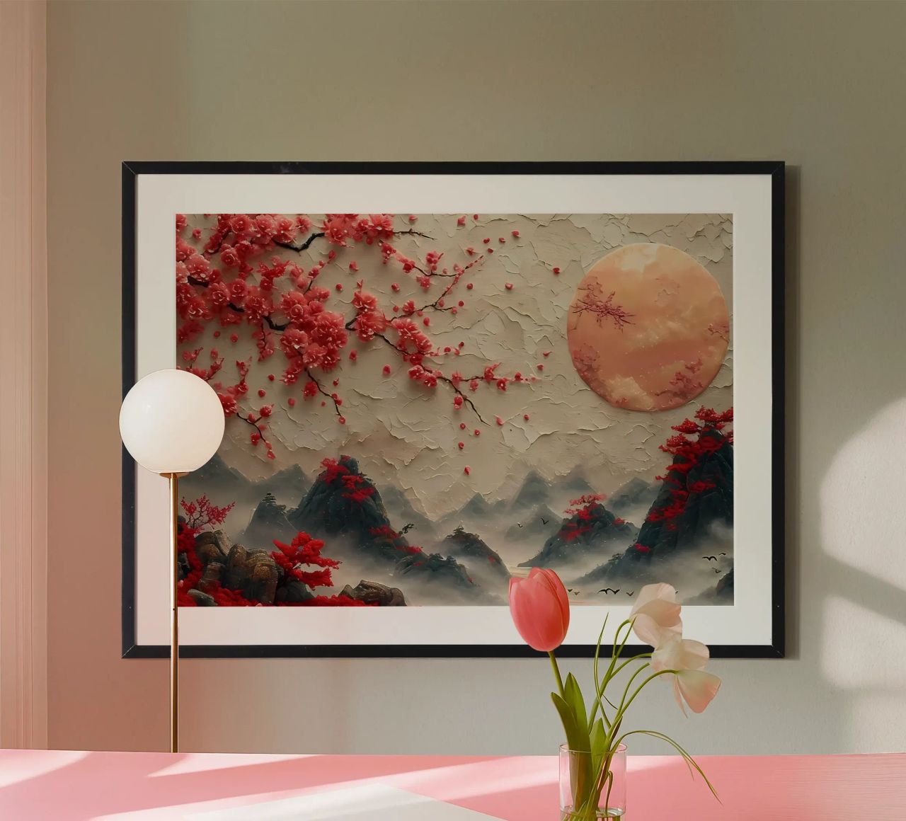 cerezos en flor montañas luna niebla nubes poster de Janine P McGuire