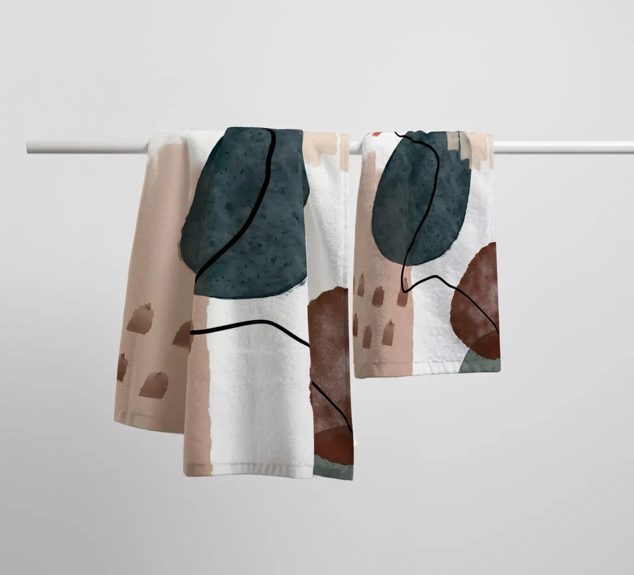 abstracte vormen gebogen lijnen penseelstreken zachte texturen badhanddoek van Janine P McGuire