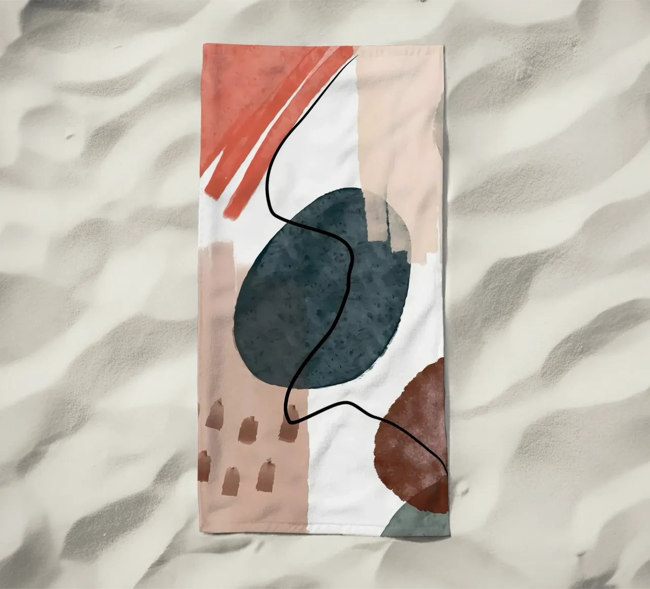 abstracte vormen gebogen lijnen penseelstreken zachte texturen strandhanddoek van Janine P McGuire