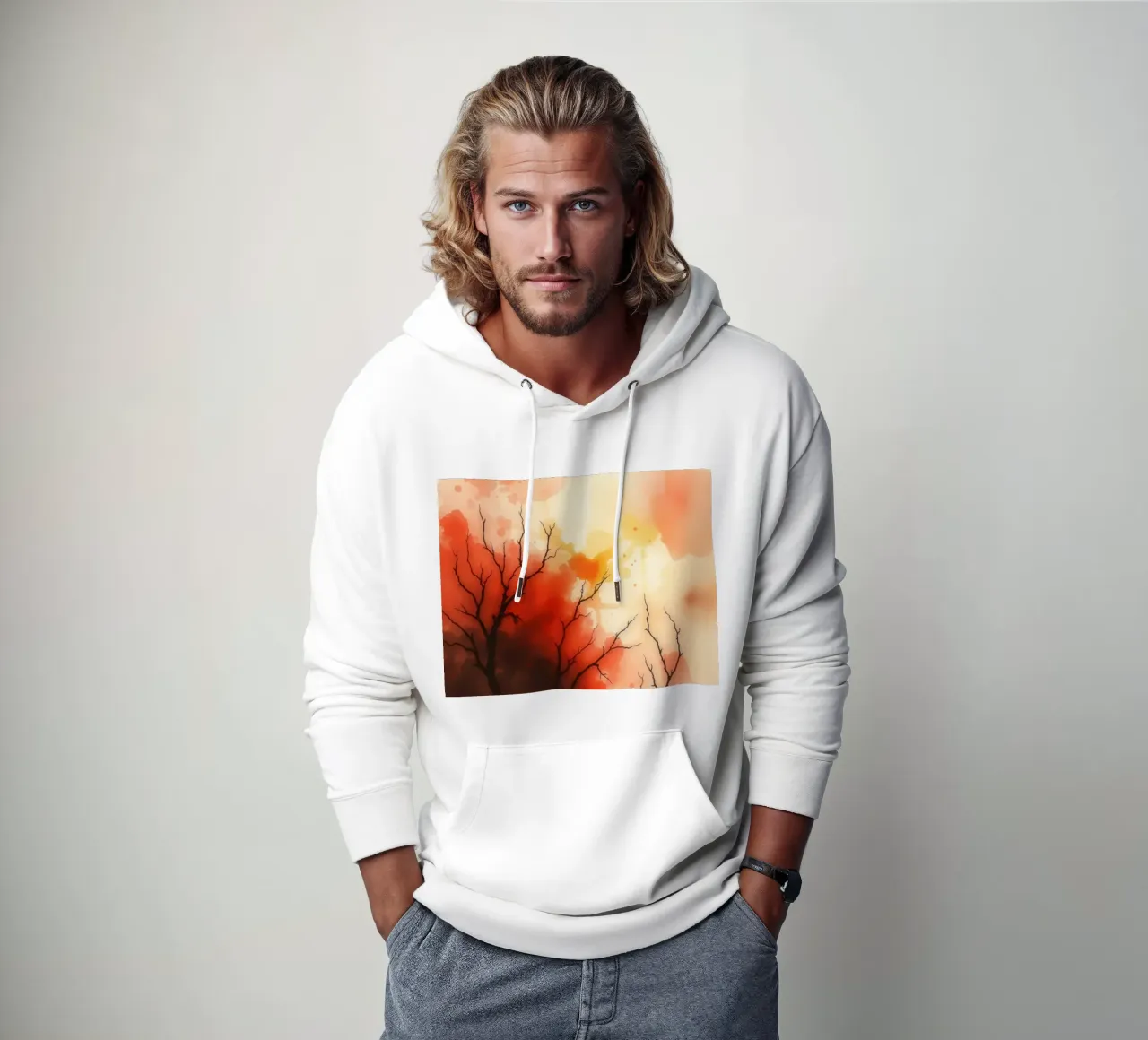 paesaggio autunnale con spruzzi di colore, rami di alberi spogli felpa con cappuccio da DesignDoodle