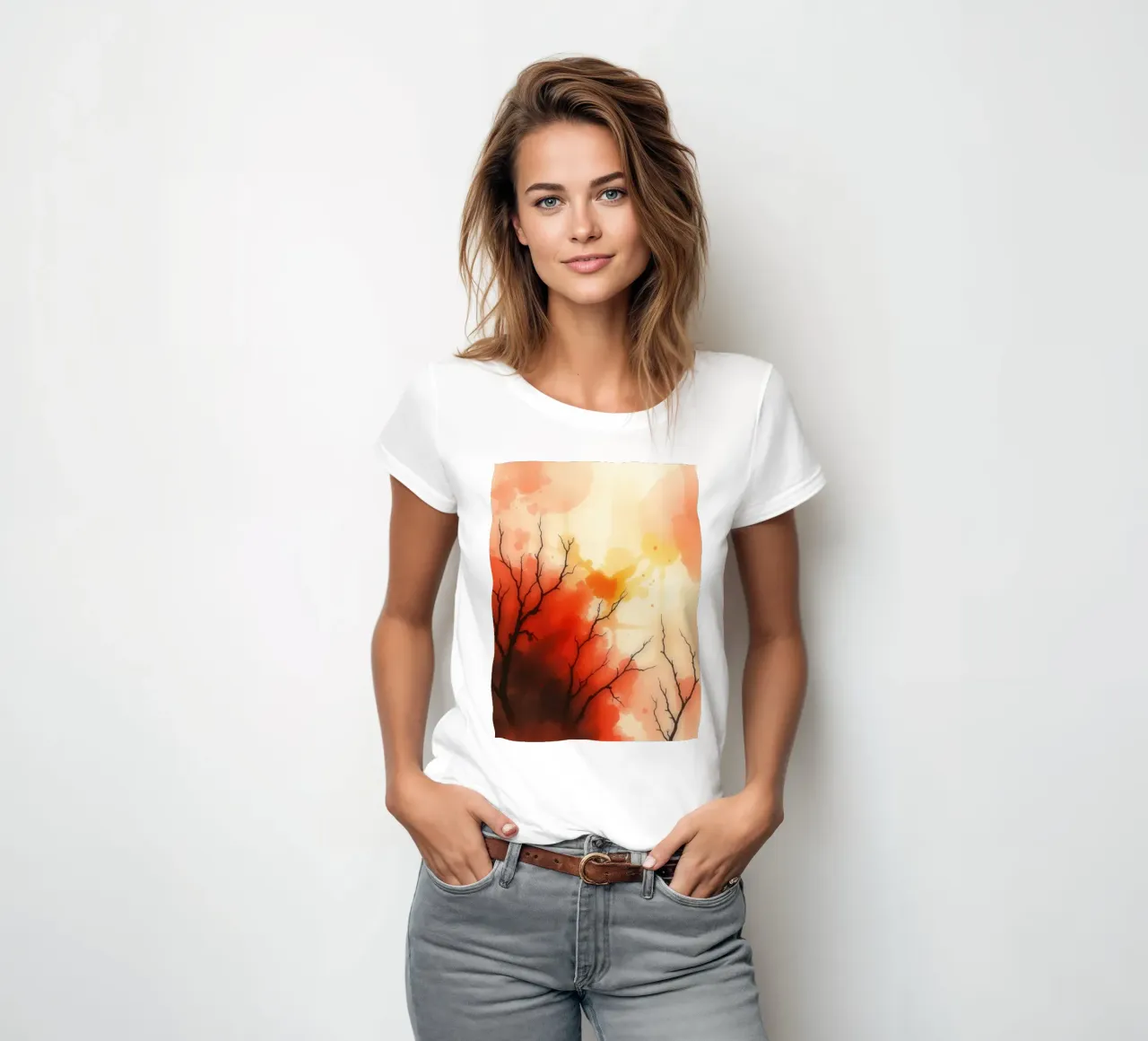 autumn landscape with colorful splashes, bare tree branches women's fitted t-shirt by DesignDoodle