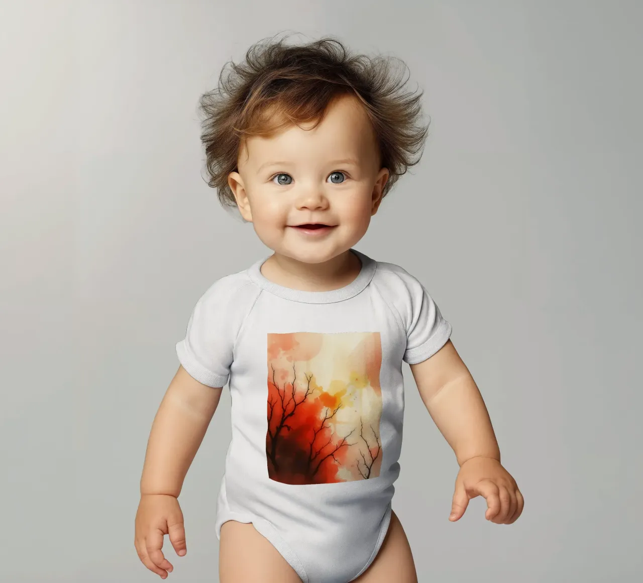 autumn landscape with colorful splashes, bare tree branches short-sleeve baby romper by DesignDoodle