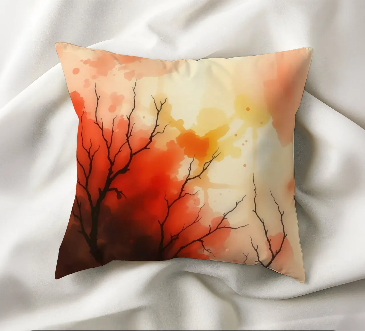 paesaggio autunnale con spruzzi di colore, rami di alberi spogli cuscino da DesignDoodle