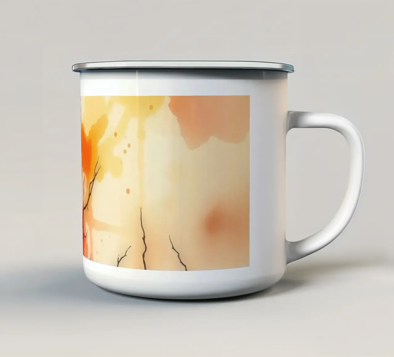 autumn landscape with colorful splashes, bare tree branches enamel mug by DesignDoodle