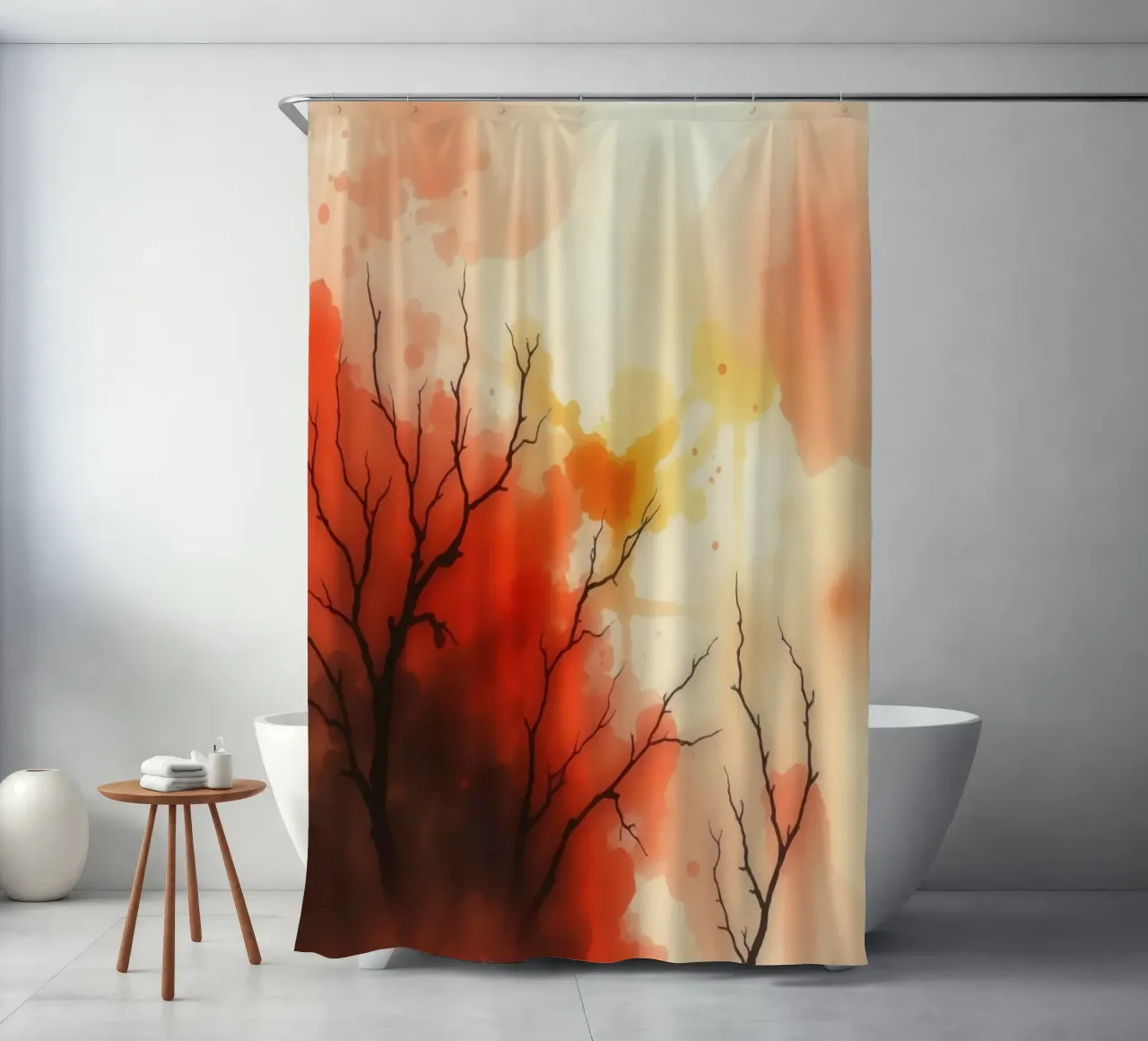 paesaggio autunnale con spruzzi di colore, rami di alberi spogli tenda da doccia da DesignDoodle
