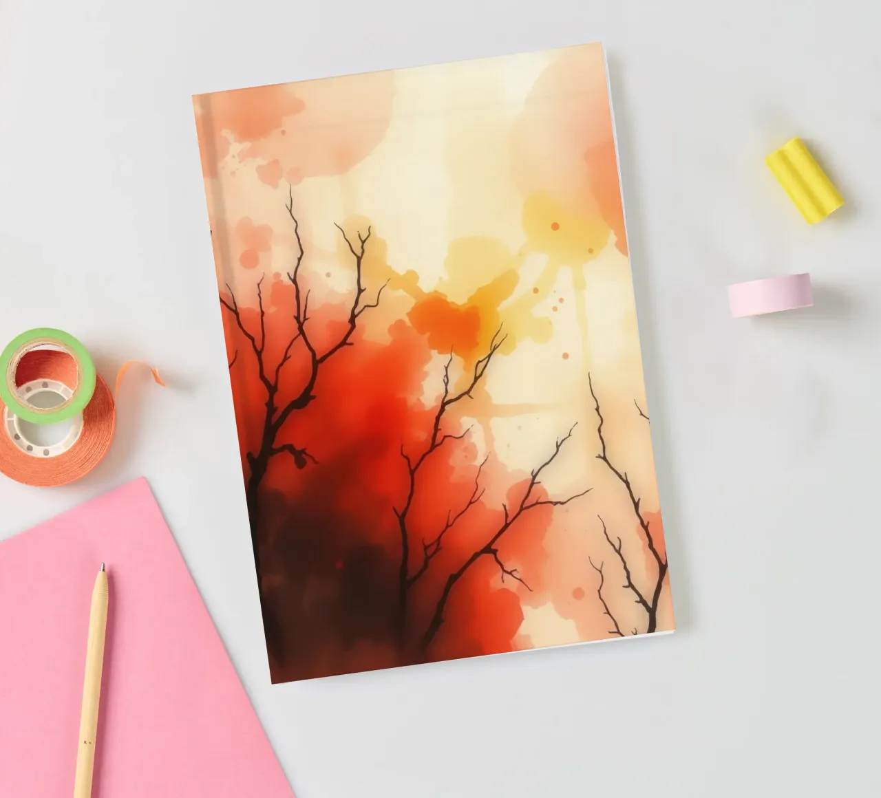 autumn landscape with colorful splashes, bare tree branches notebook by DesignDoodle
